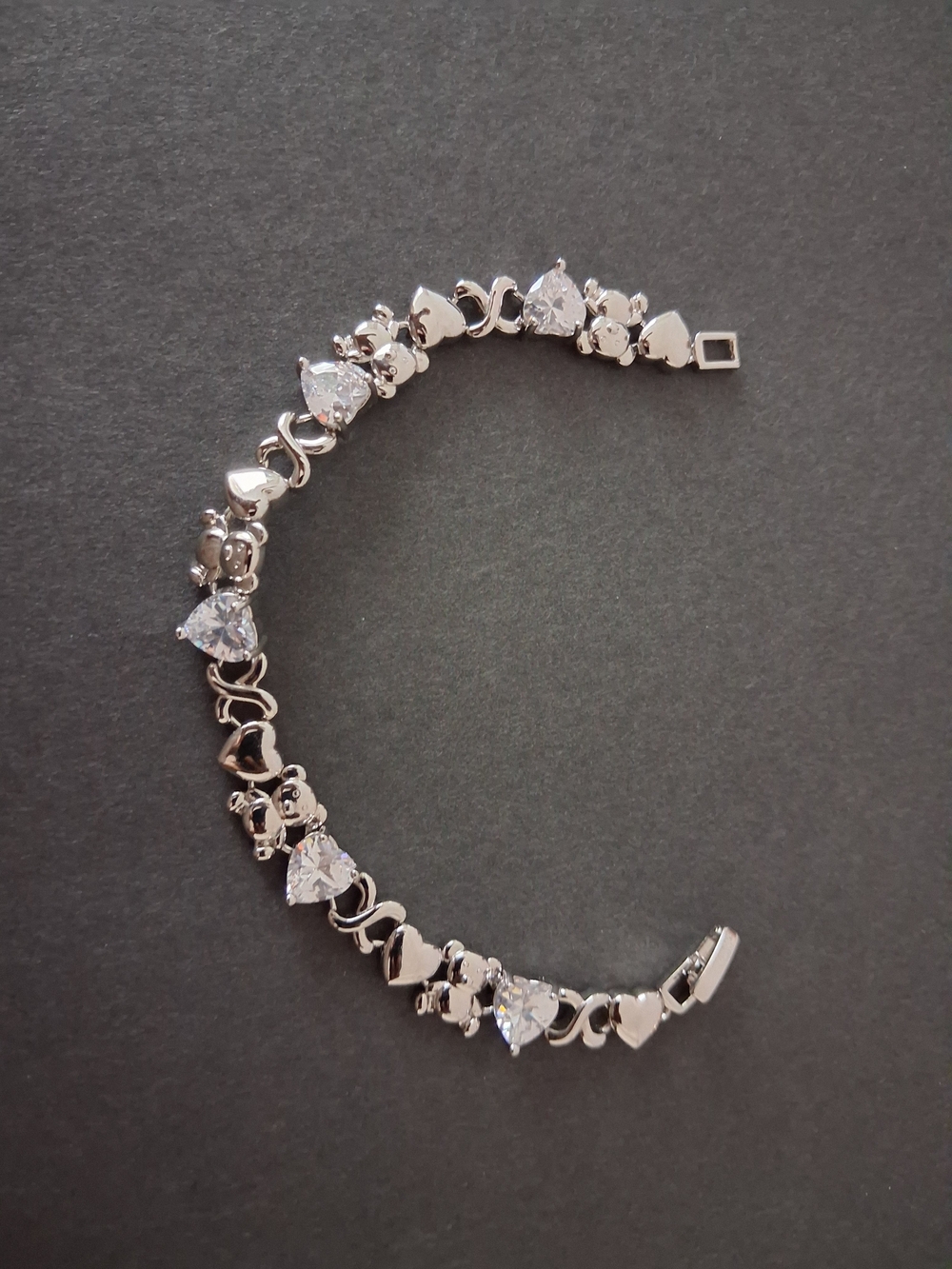 Silver Heart & Teddy Bears Tennis Bracelet - Silver